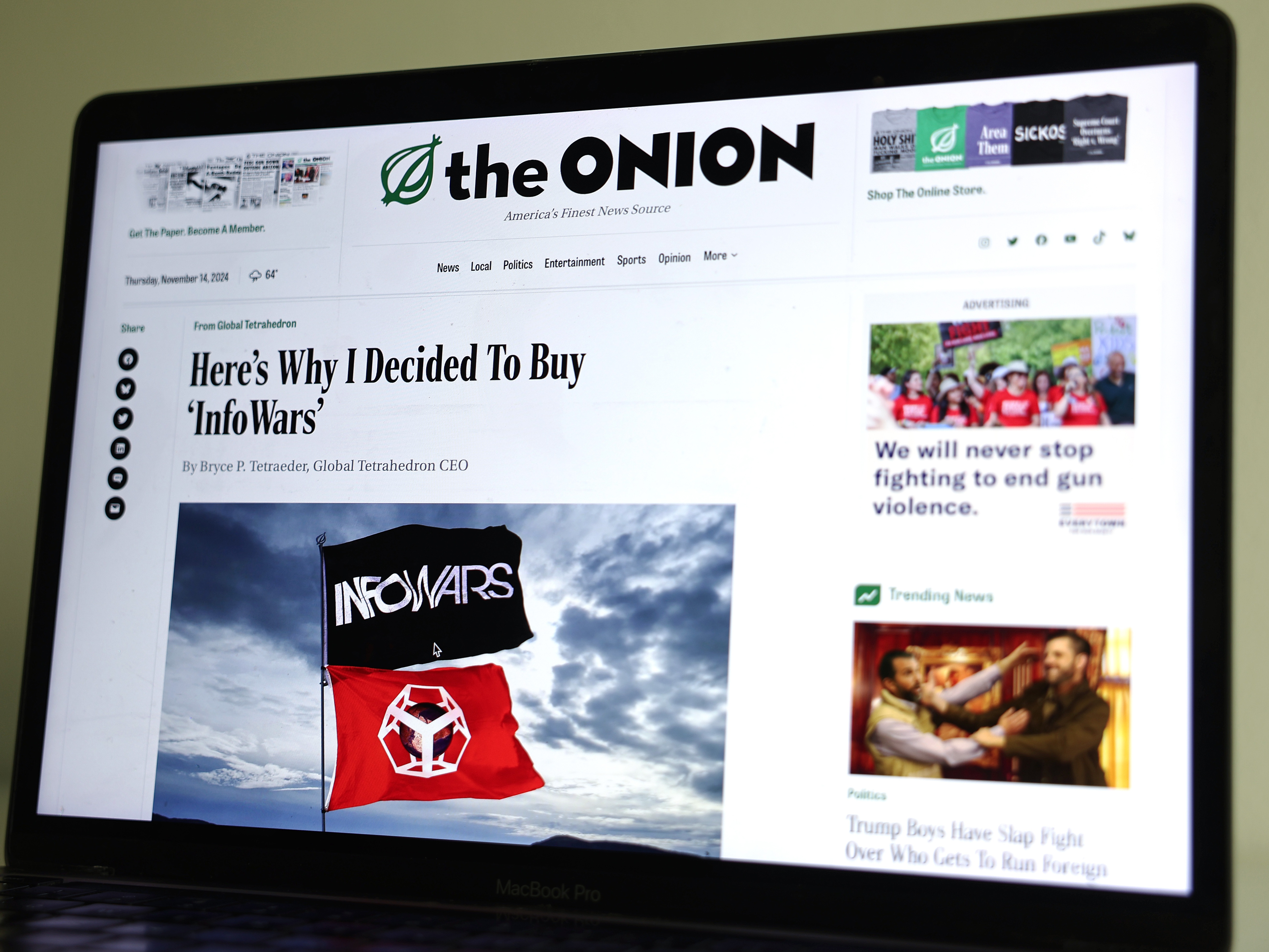 caption: In this photo illustration, The Onion website is displayed on a computer screen, showing a satirical story titled Here's Why I Decided To Buy 'InfoWars', on November 14, 2024 in Pasadena, California.