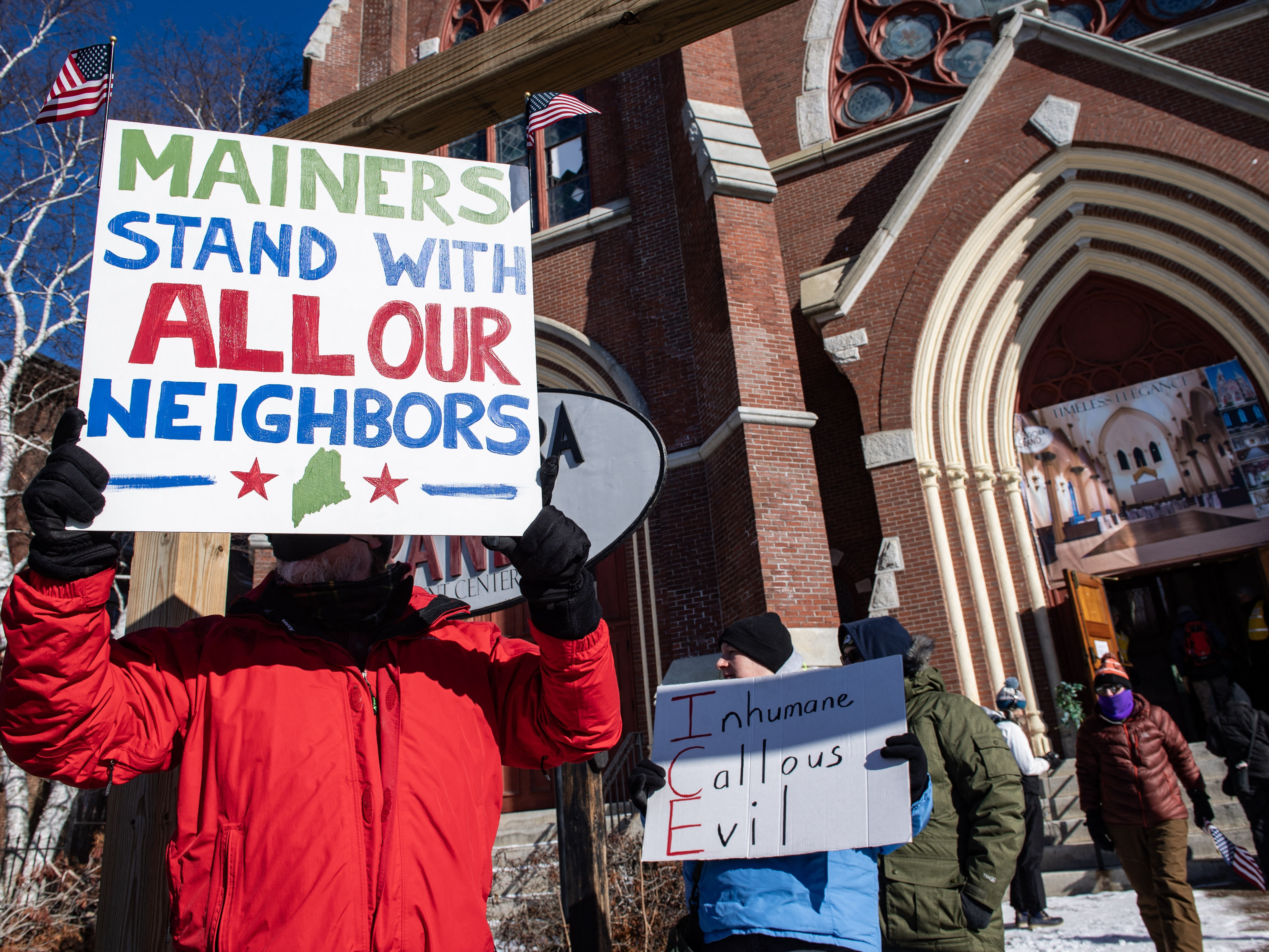 caption: Demonstrators attend an anti-ICE rally in Lewiston, Maine, on Jan. 24. On Jan. 21, federal immigration authorities from Immigration and Customs Enforcement (ICE) launched a new enforcement operation in Maine called Operation Catch of the Day, aimed at identifying and arresting undocumented immigrants.