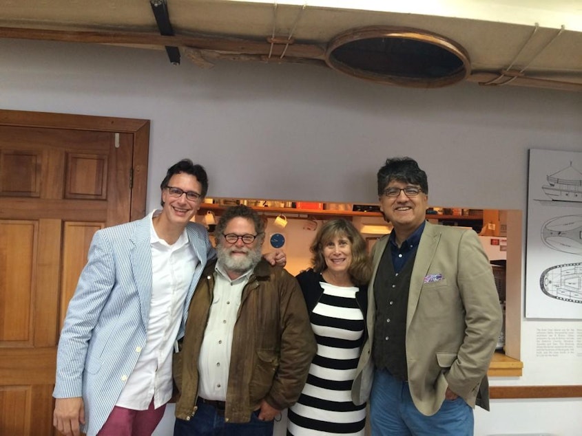 caption: The "Week In Review" panel at the Center for Wooden Boats: Bill Radke, Knute Berger, Joni Balter and Sherman Alexie.