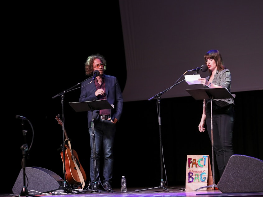caption: Jonathan Coulton and Ophira Eisenberg play a round of Fact Bag on Ask Me Another at the Pageant in St. Louis, Missou