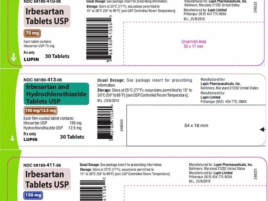 caption: Examples of some of the two blood pressure medications that Lupin is recalling. It's recalling various dosages of irbesartan tablets and irbesartan and hydrochlorothiazide tablets.