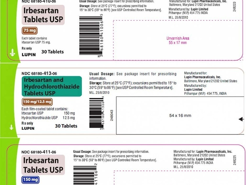 caption: Examples of some of the two blood pressure medications that Lupin is recalling. It's recalling various dosages of irbesartan tablets and irbesartan and hydrochlorothiazide tablets.
