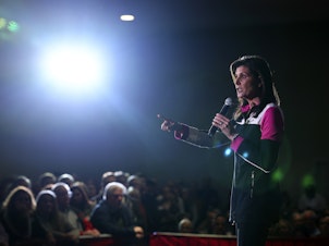 caption: Republican presidential candidate former U.N. Ambassador Nikki Haley speaks at a campaign event on Feb. 26, in Bloomington, Minn.
