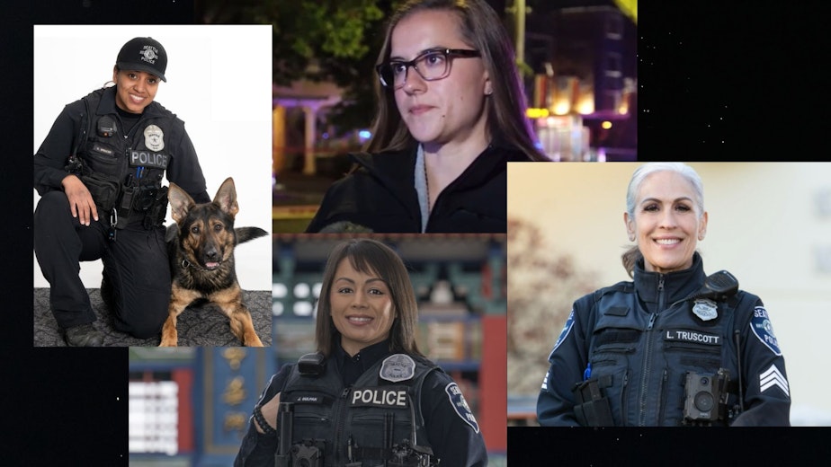 caption: Four women police officers filed a tort with the City of Seattle on Thursday, alleging sex discrimination and harassment. Counterclockwise from left, Officer Kame Spencer, Officer Valerie Carson, Lt. Lauren Truscott, and Officer Jean Gulpan.