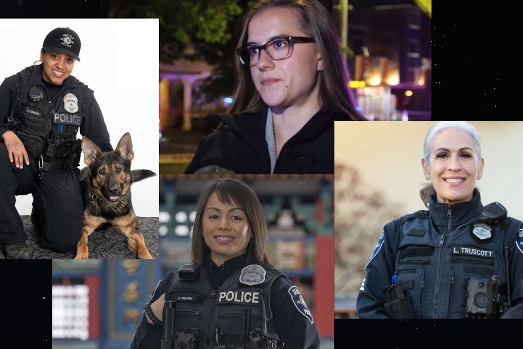 caption: Four women police officers filed a tort with the City of Seattle on Thursday, alleging sex discrimination and harassment. Counterclockwise from left, Officer Kame Spencer, Officer Valerie Carson, Lt. Lauren Truscott, and Officer Jean Gulpan.