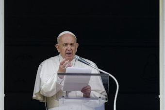 caption: Pope Francis speaks from the window of his studio overlooking St. Peter's Square on Sunday. Francis expressed sorrow for the treatment of Indigenous people in Canada, but did not offer an apology.