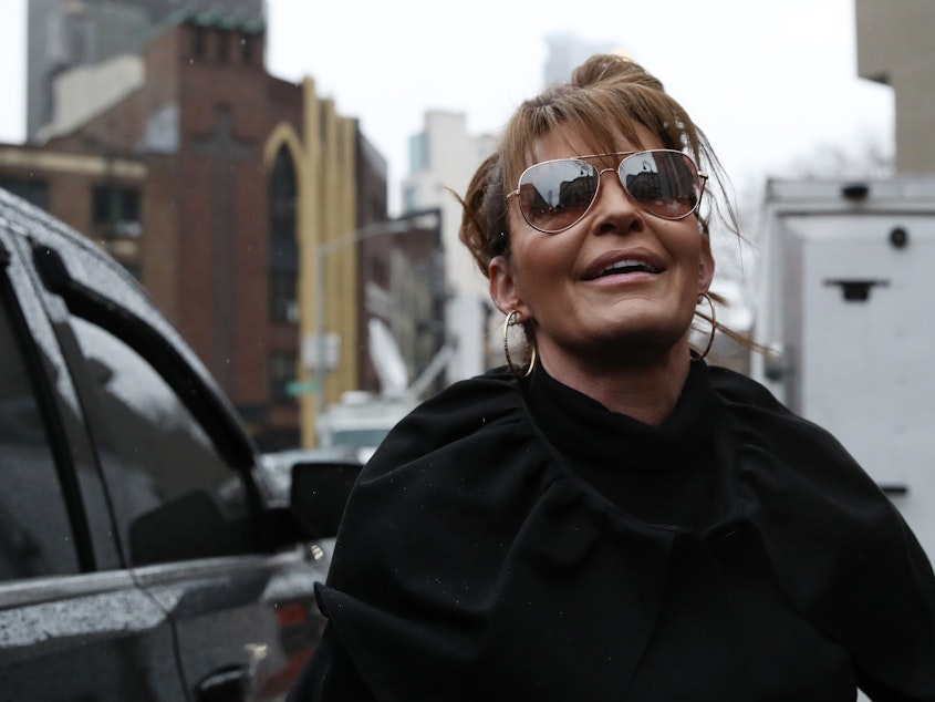 caption: Former Alaska Governor Sarah Palin arrives at a federal court in Manhattan to testify in her defamation case against the <em>New York Times</em>. Palin claims that an editorial in the <em>Times</em> damaged a career as a conservative political commentator. The newspaper corrected the editorial twice within a day.