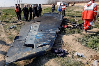 caption: Debris from the Ukraine International Airlines flight 752, which was shot down after takeoff from Iran's Imam Khomeini airport, on the outskirts of Tehran.