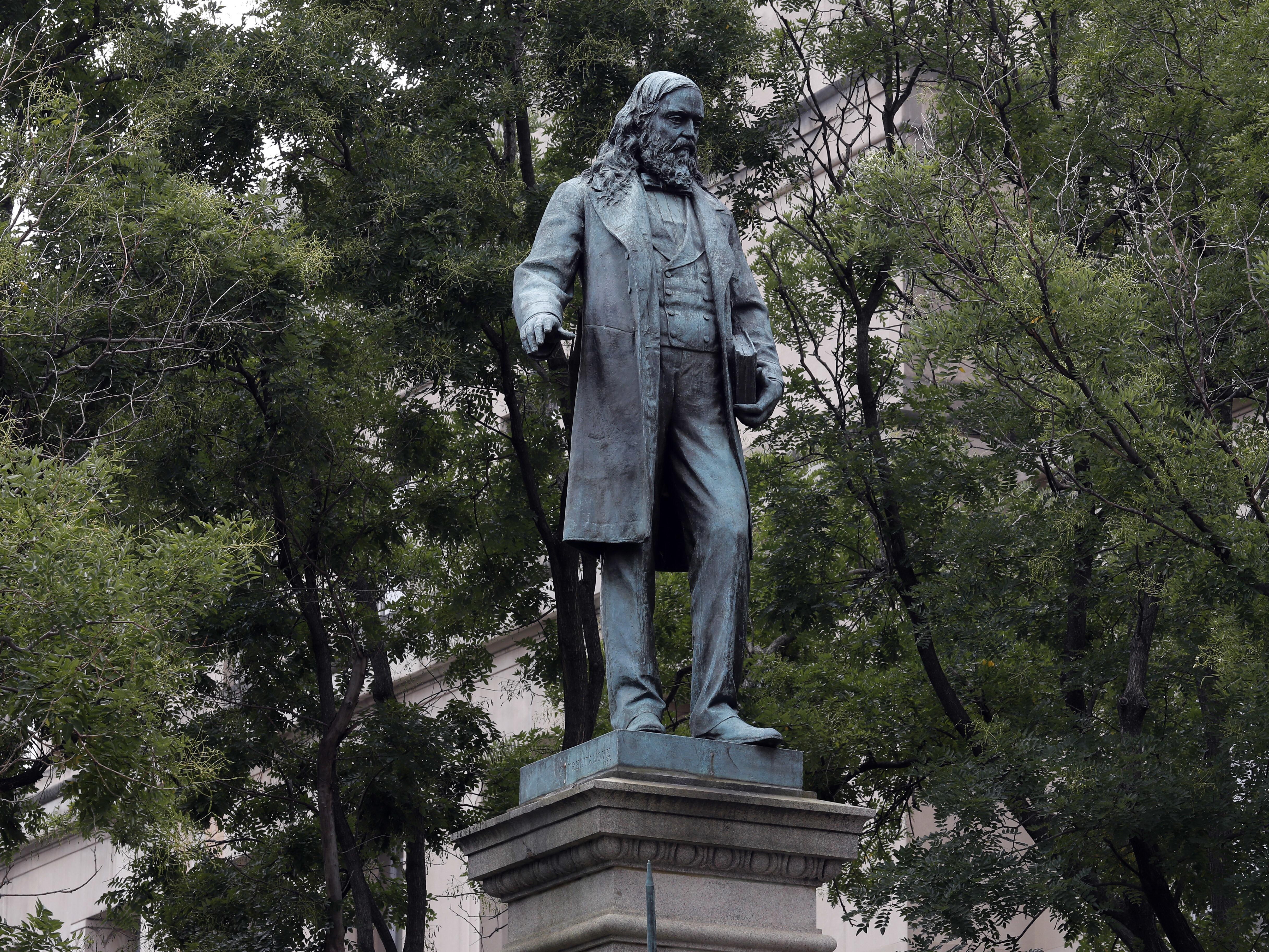 caption: A 2017 photo of the statue commemorating Confederate general Albert Pike in Washington, D.C.