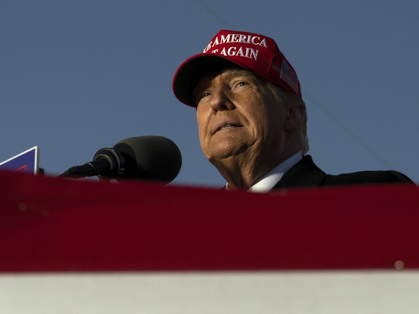 caption: Former U.S. President Donald Trump speaks during a campaign event in Schnecksville, Pa., Saturday, April 13, 2024.