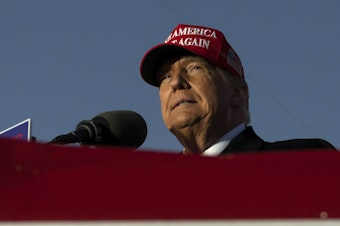 caption: Former U.S. President Donald Trump speaks during a campaign event in Schnecksville, Pa., Saturday, April 13, 2024.
