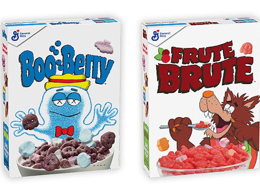 caption: New York pop artist KAWS has designed boxes for the General Mills Monster Cereals Count Chocula, Franken Berry, Boo Berry and Frute Brute.