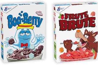 caption: New York pop artist KAWS has designed boxes for the General Mills Monster Cereals Count Chocula, Franken Berry, Boo Berry and Frute Brute.