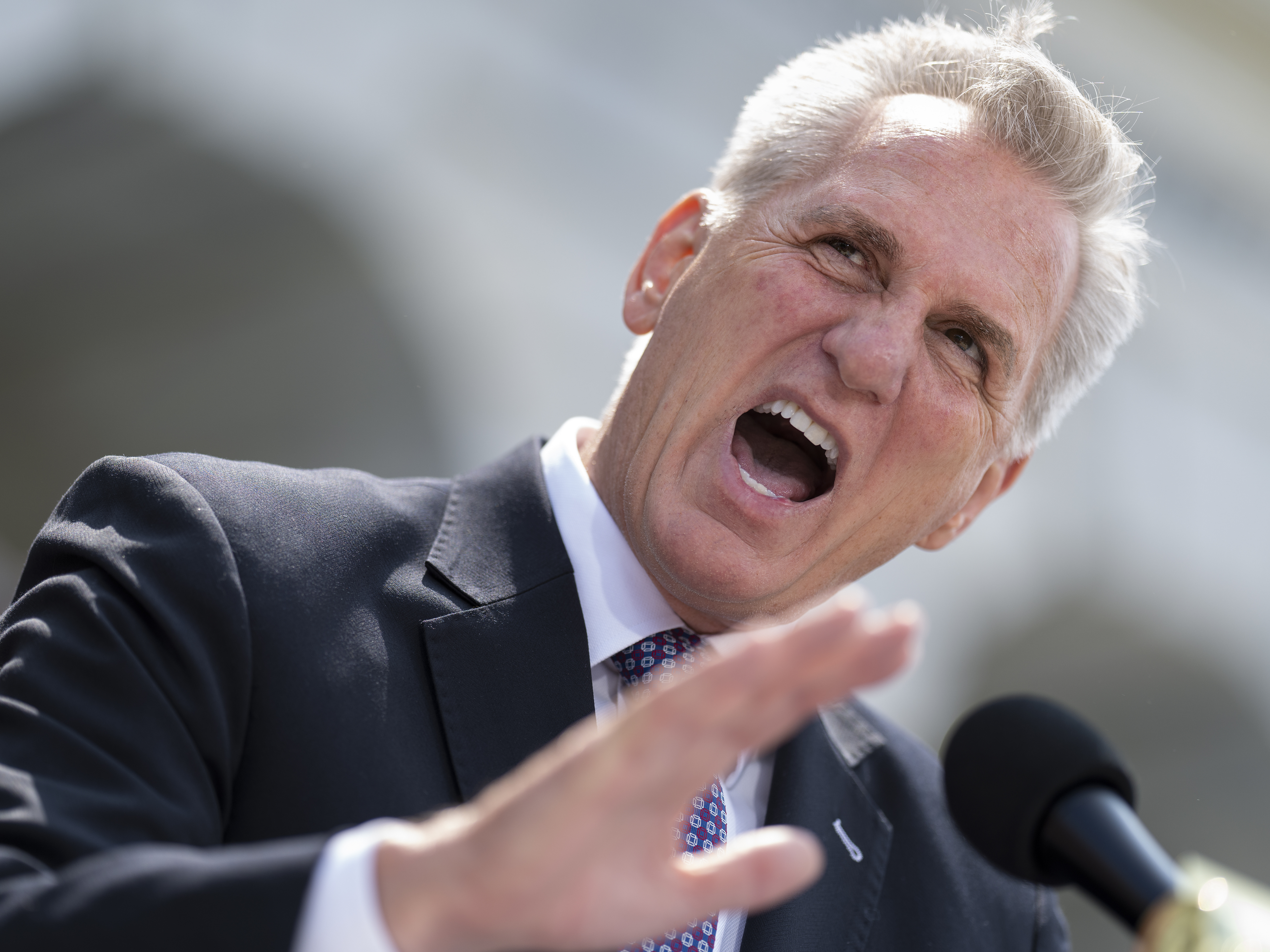 caption: FILE - Speaker of the House Kevin McCarthy, R-Calif., criticizes President Joe Biden's policies and efforts on the debt limit negotiations as he holds a news conference at the Capitol in Washington, Wednesday, May 17, 2023.