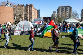 caption: Students from MIT, Harvard University and others rally at a protest encampment at MIT's Kresge Lawn in Cambridge, Massachusetts on Monday.