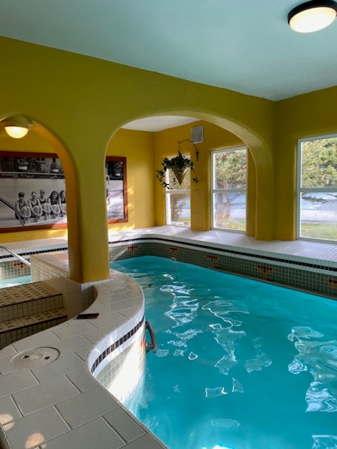 caption: The indoor pool at Rosario Resort and Spa on Orcas Island, Washington.