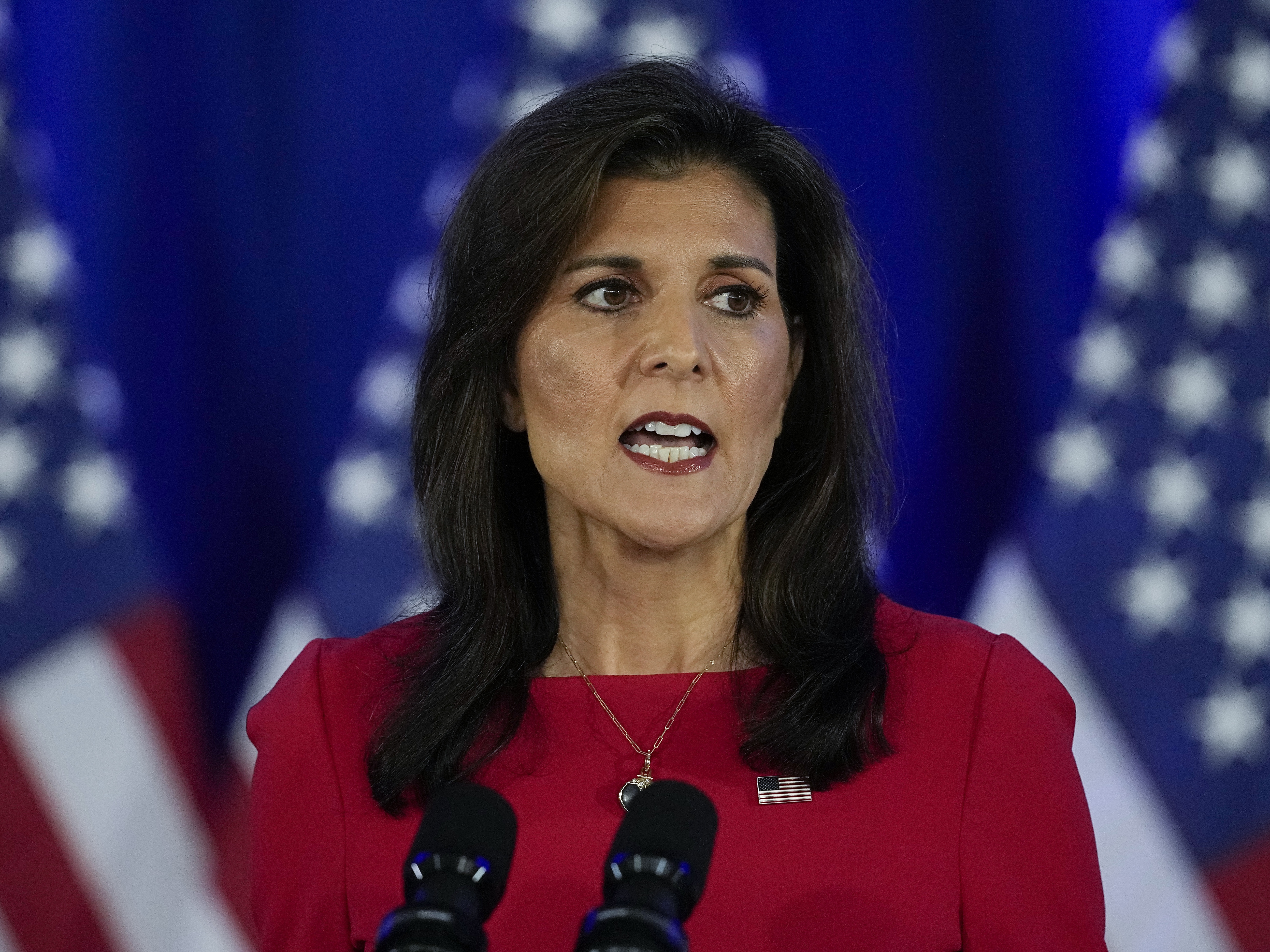 caption: Republican presidential candidate former UN Ambassador Nikki Haley speaks during a news conference suspending her presidential campaign on March 6 in Charleston, S.C.
