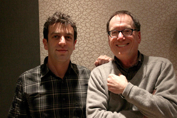 caption: B.J. Novak (left) stopped by the KUOW studios to speak with Ross Reynolds on Tuesday, February 18, 2014.