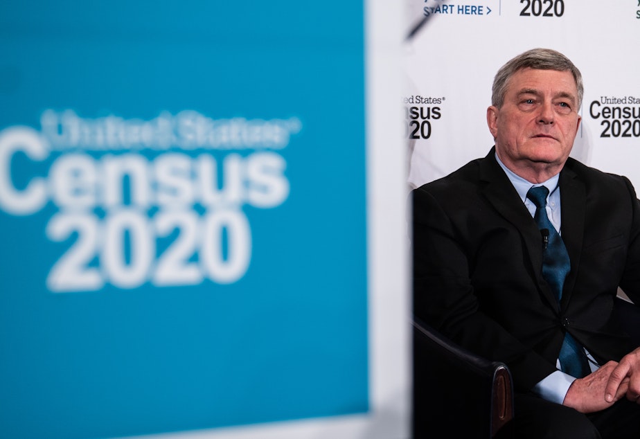 caption: Census Bureau Director Steven Dillingham appears at a 2020 census event in April 2019. He says despite concerns, the bureau is on track to carry out the first primarily online U.S. census with enough workers.