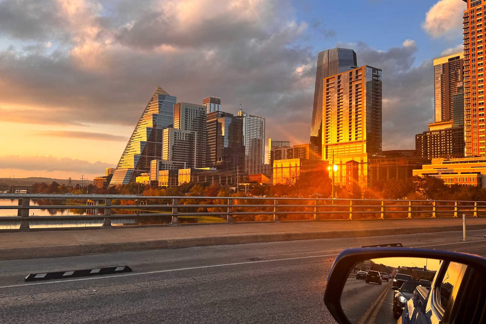 caption: Austin from a car window