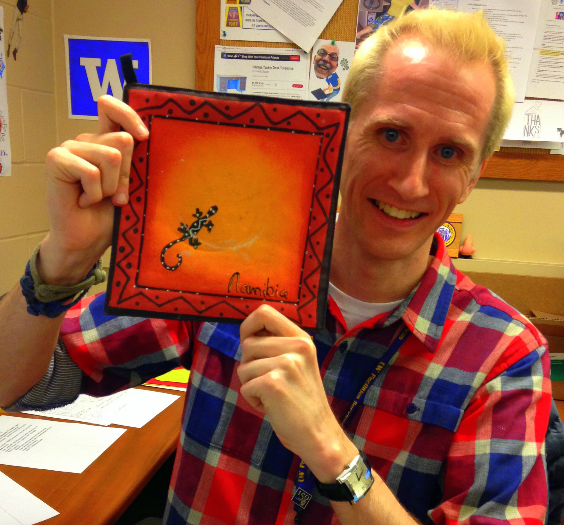 caption: Eric Wahl with a potholder from Namibia