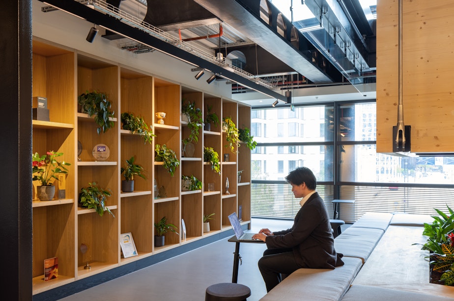 caption: HOK redesigned the global engineering firm Arup in Birmingham, England, to offer workers a variety of areas. The redesign included a number of spaces that included plants, wood shelving, and natural light.