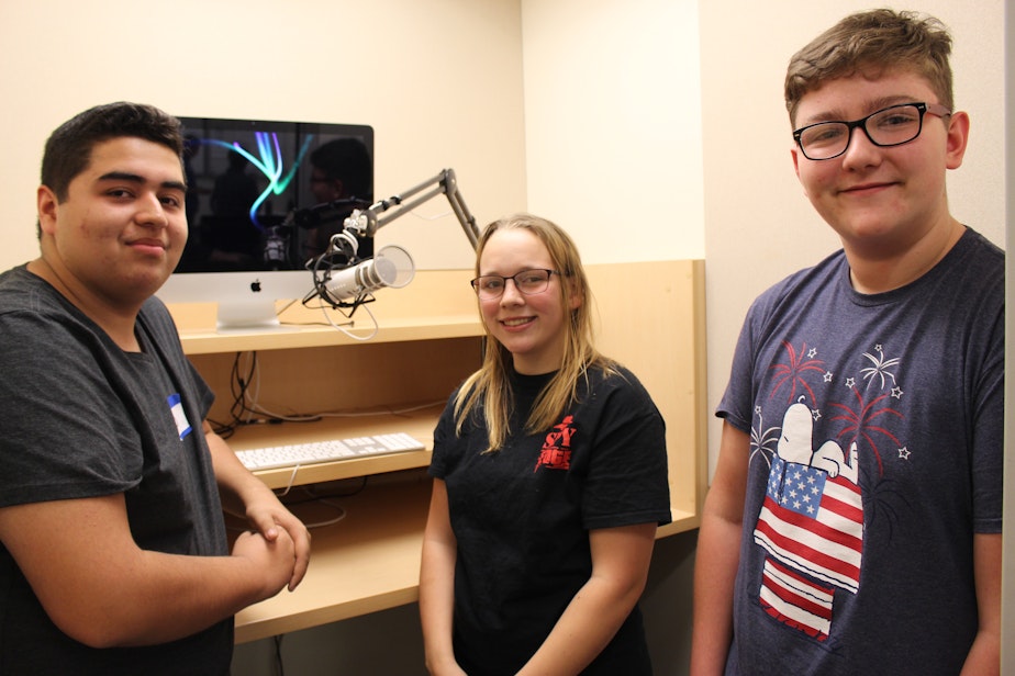 caption: RadioActive workshop participants Leonardo Rios, Rebekah Spry, and Austin Dillinger in the recording studio at Yakima Valley Technical Skills Center.