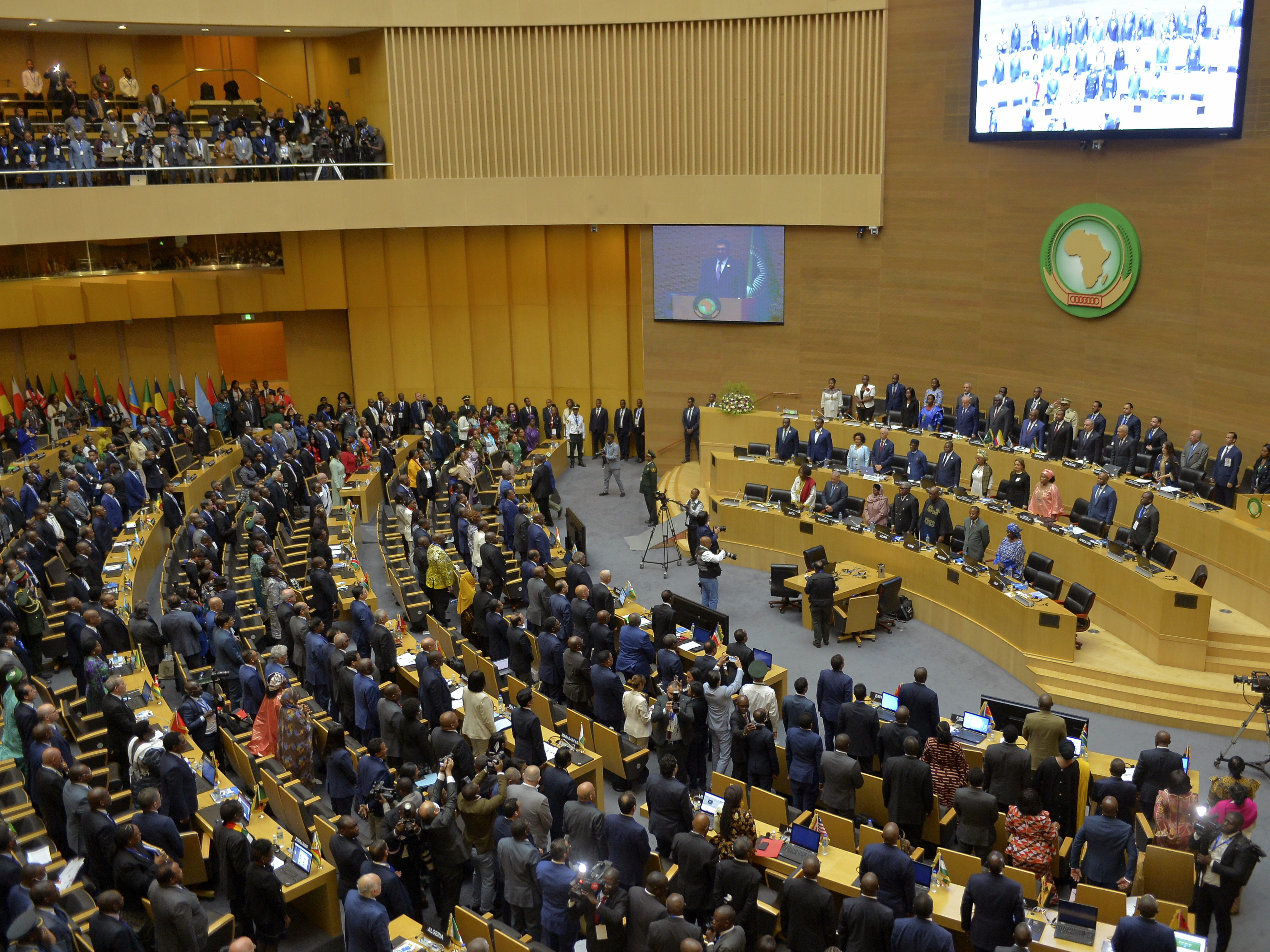 caption: African heads of state attend the 37th Ordinary session of the Assembly of the African Union Summit at AU headquarters in Addis Ababa, Ethiopia, on Feb. 17, 2024. Arab nations are putting to a vote a U.N. resolution demanding an immediate humanitarian cease-fire in Gaza, knowing it will be vetoed by the United States but hoping to show broad global support for ending the Israel-Hamas war.