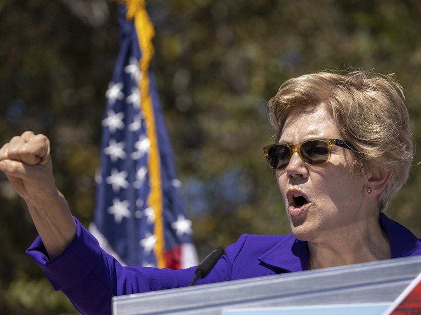 caption: Sen. Elizabeth Warren of Massachusetts, addressing a rally for Gov. Gavin Newsom in California. On Tuesday, she sent a letter to Amazon accusing it of being "unwilling or unable" to stop the spread of COVID hoaxes.
