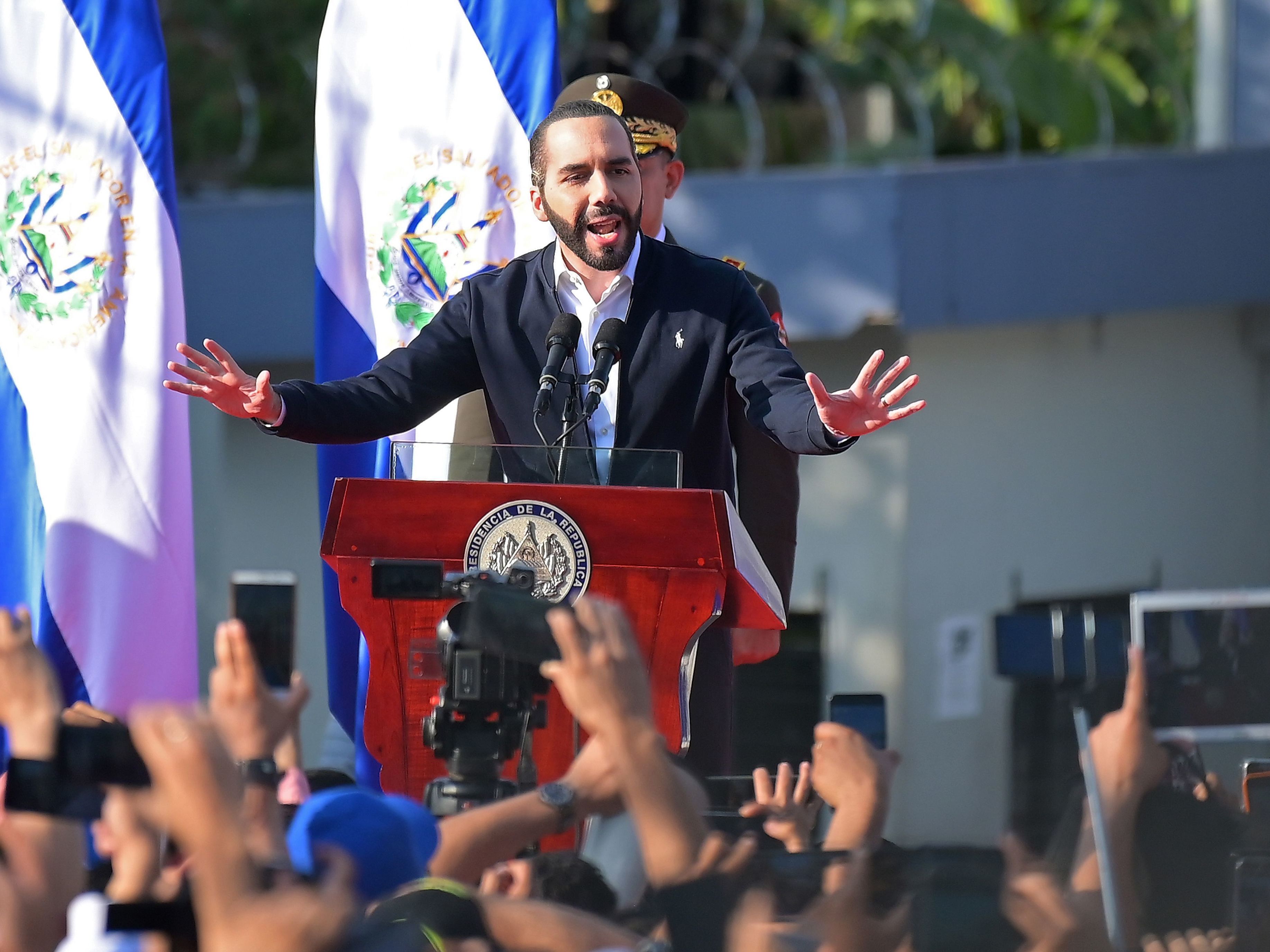 caption: Salvadoran President Nayib Bukele, pictured in February, has authorized police to use lethal force against gang members who allegedly ordered murders to take advantage of police attention to the coronavirus.