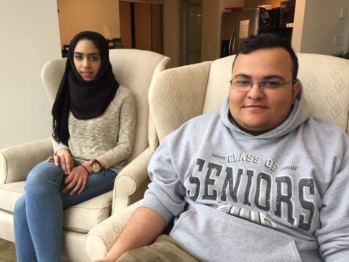 caption: Ramilya Salem and Yunus Alhobane at the KUOW studios.