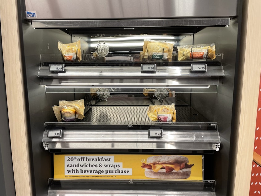 caption: Shelves of hot food at Amazon Go in downtown Seattle