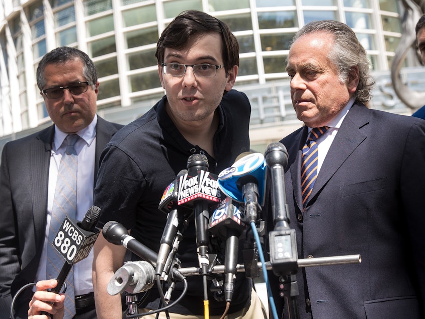 caption: Former pharmaceutical executive Martin Shkreli must remain in prison for securities fraud, a federal appeals court ruled Thursday. Shkreli is seen here in 2017, speaking after the jury reached a verdict in his case at the U.S. District Court for the Eastern District of New York in Brooklyn.