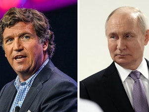 caption: Former Fox News star Tucker Carlson flew to Moscow to interview Russian President Vladimir Putin, becoming the first American to do so since Russia invaded Ukraine two years ago.