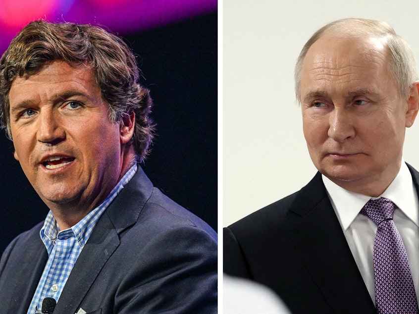caption: Former Fox News star Tucker Carlson flew to Moscow to interview Russian President Vladimir Putin, becoming the first American to do so since Russia invaded Ukraine two years ago.