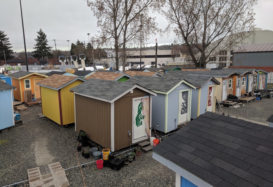 caption: Houses at the Georgetown tiny house village