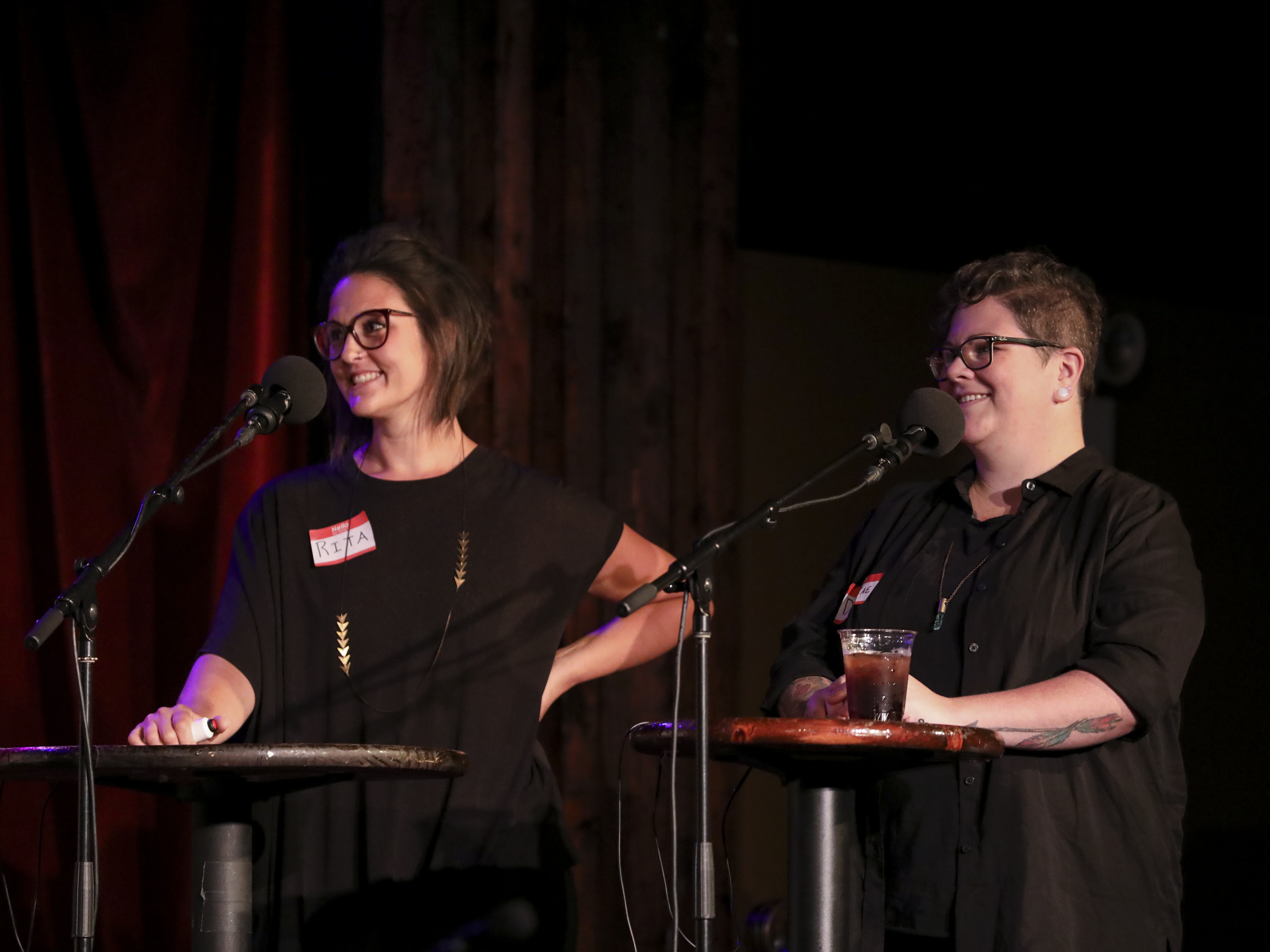 caption: Contestants Rita Mikita and Dese'Rae Stage appear on <em>Ask Me Another</em> at the Bell House in Brooklyn, New York.