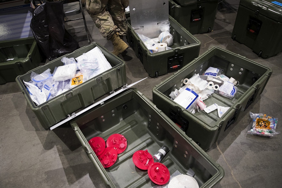 caption: Medical supplies are shown in the ICU area of a 250-bed military field hospital for non COVID-19 patients set up by soldiers from the 627th Army Hospital from Fort Carson, Colorado, as well as from Joint Base Lewis-McChord on Tuesday, March 31, 2020, at the CenturyLink Field Event Center in Seattle. 