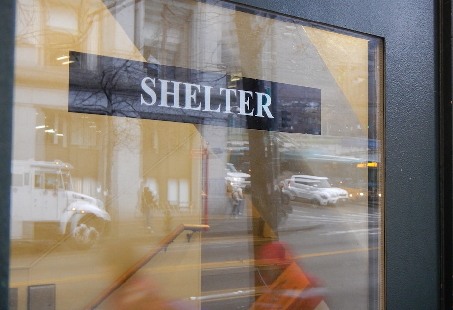 caption: The entrance to a homeless shelter on Third Avenue in Seattle.