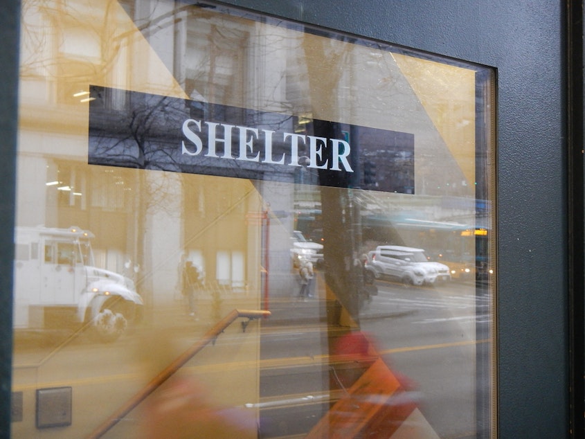 caption: The entrance to a homeless shelter on Third Avenue in Seattle.