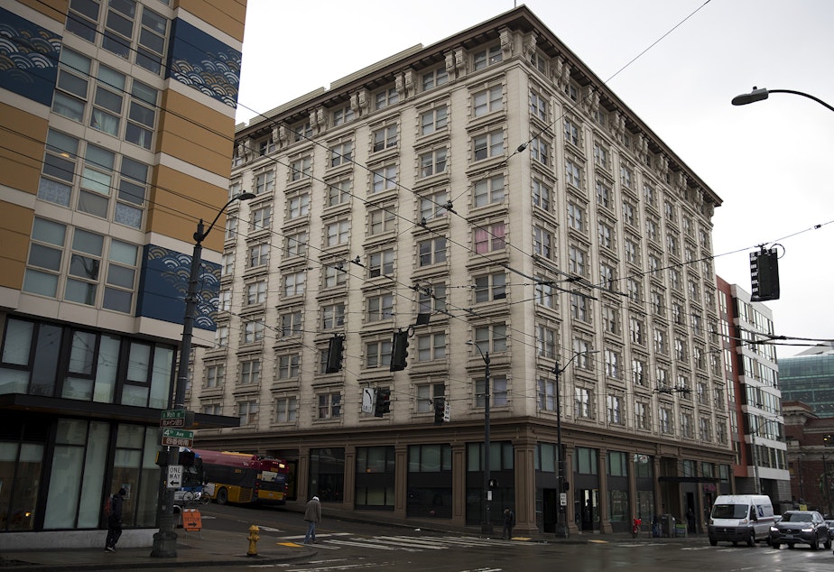 caption: The apartment building where Jordan was living when he received an eviction notice is shown on Thursday, March 7, 2019, on 4th Avenue South in Seattle.