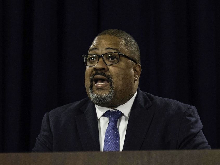 caption: District Attorney Alvin Bragg speaks at a press conference on Sept. 8, 2022.