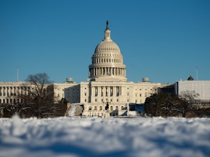 caption: The US Capitol in Washington, DC, January 14, 2019, is seen following a snowstorm.