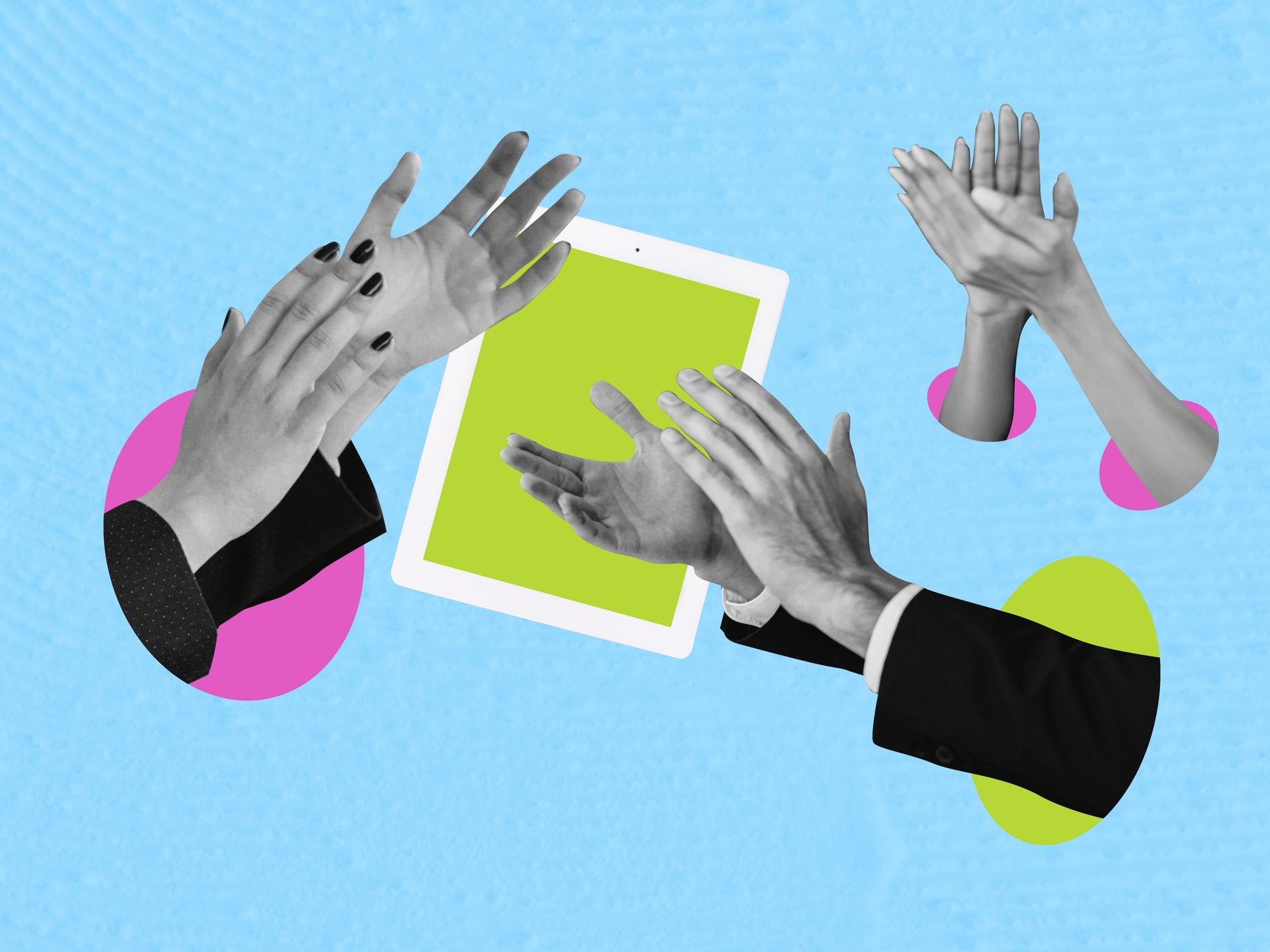 Composite trend artwork sketch image photo collage of hand wrist sleeve appear hole gesture clapping tablet display cooperation applause