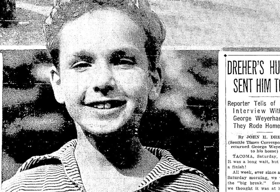 caption: A photocopy of the Seattle Times' front page the day after 9-year-old George Weyerhaeuser returned home to Tacoma. A sports reporter found him in Issaquah and drove him home.