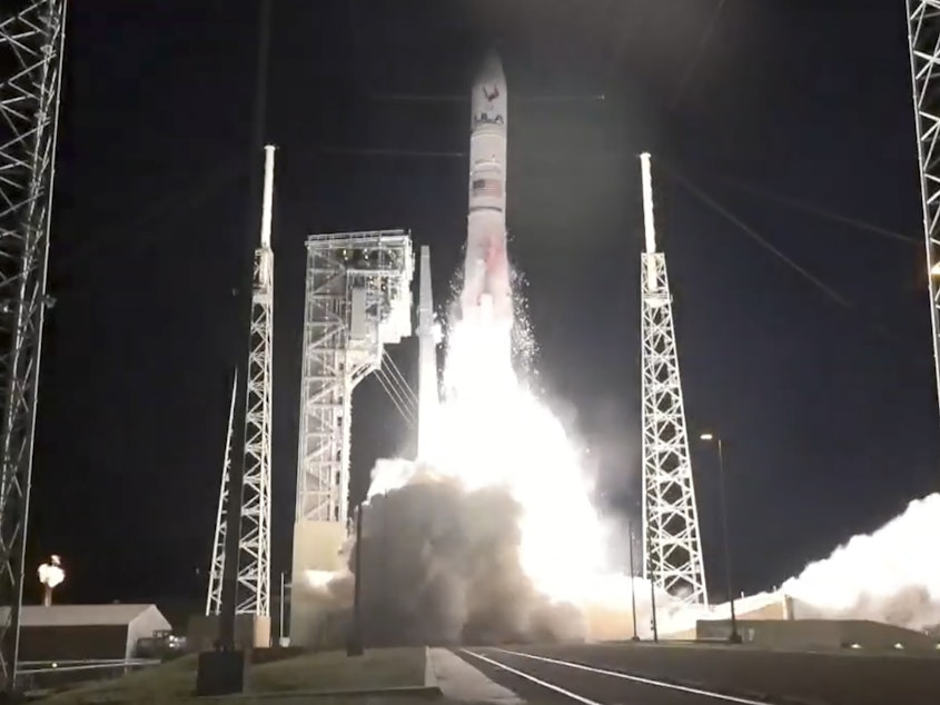 caption: In this image made from NASA video, United Launch Alliance's Vulcan rocket with Astrobotic Technology's lander onboard is launched from Cape Canaveral Space Force Station in Florida, Monday, Jan 8, 2024.