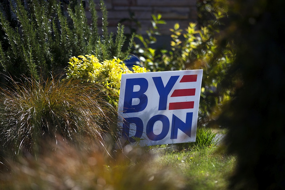 caption: A Byedon sign is shown on Monday, September 28, 2020, in the Ballard neighborhood of Seattle.