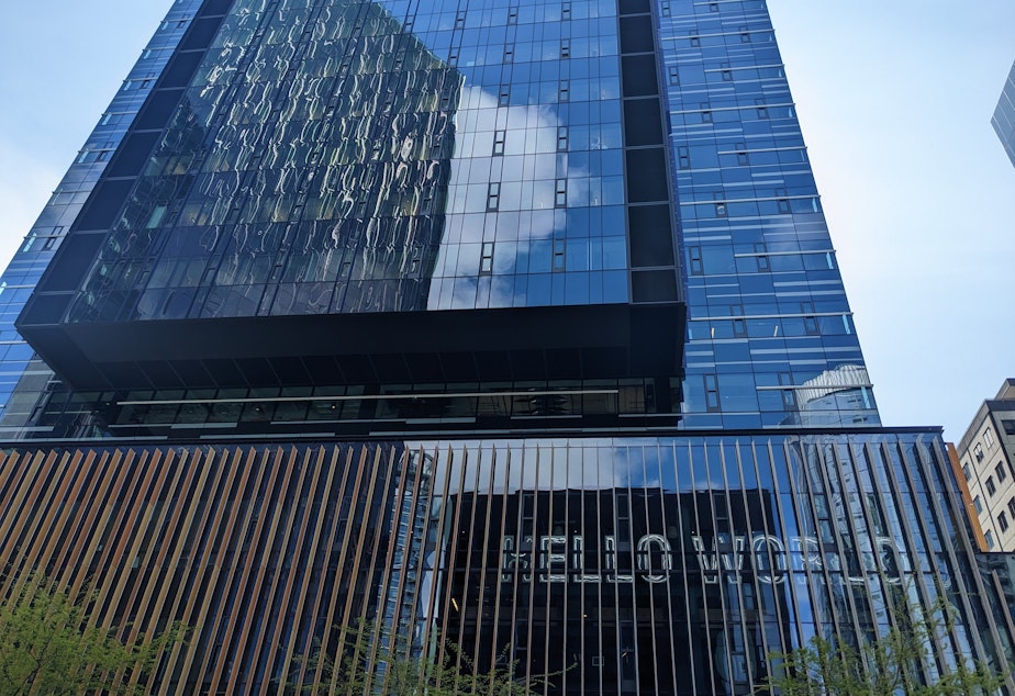 caption: "Hello world," says an Amazon office tower at the company's Seattle headquarters.