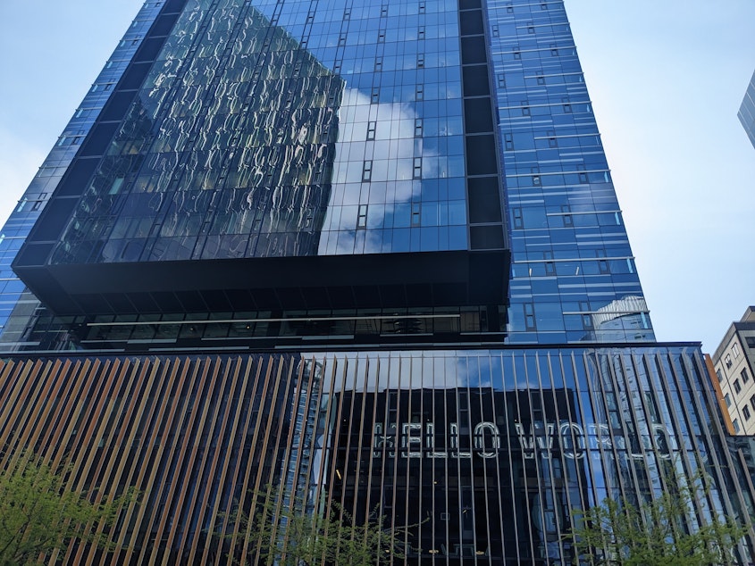 caption: "Hello world," says an Amazon office tower at the company's Seattle headquarters.