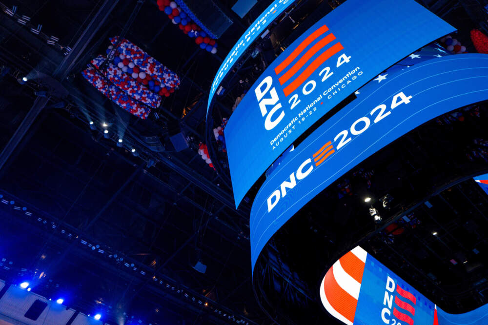 caption: A scoreboard displays 'DNC 2024' ahead of the Democratic National Convention (DNC) at the United Center on August 16, 2024 in Chicago, Illinois. The United Center will host the DNC, which is officially scheduled to kick off on Monday, August 19 and run through Thursday, August 22. (Getty Images/AP)